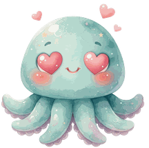 Inky, a teal octopus squidgy with heart eyes