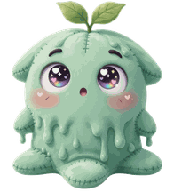 Sprout, a mint squidgy with a leaf, looking curious