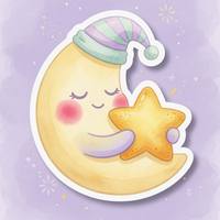 A sticker of a sleepy moon hugging a star