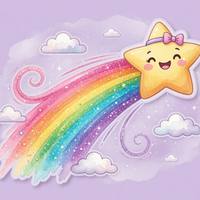A sticker of a little star riding a rainbow